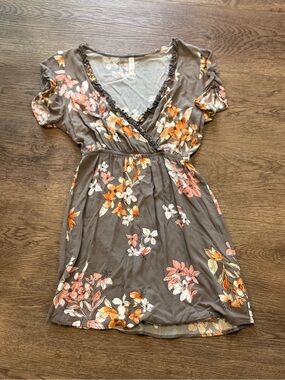 Target Taupe Floral Mini Dress with Orange and Pink Accents
